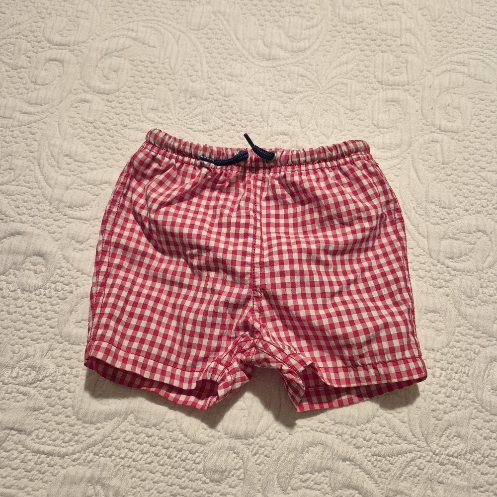 Baby Boden boys 6-12 months red & white gingham swim shorts VGUC
